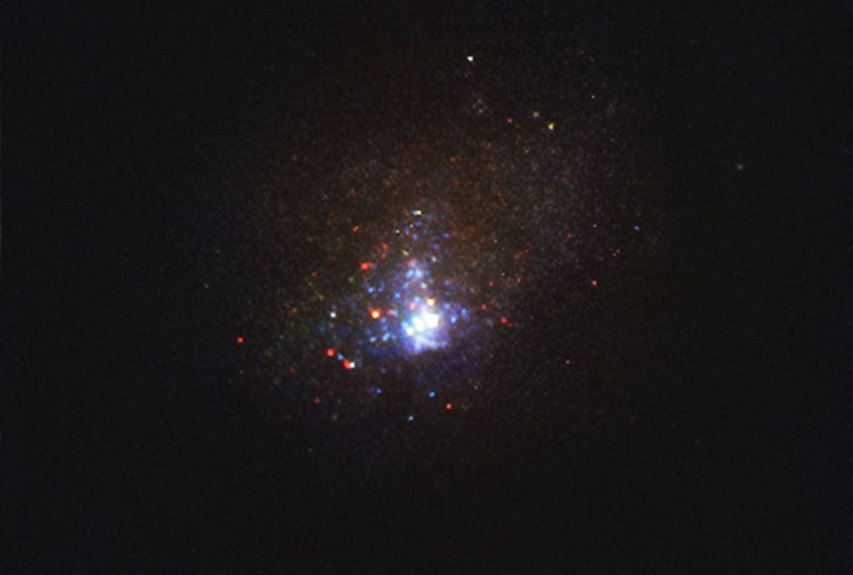 mage of the Kinman Dwarf galaxy, also known as PHL 293B, taken with the NASA/ESA Hubble Space Telescope’s Wide Field Camera 3 in 2011, before the disappearance of the massive star. Located some 75 million light-years away, the galaxy is too far away for astronomers to clearly resolve its individual stars, but in observations done between 2001 and 2011, they detected the signatures of the massive star. These signatures were not present in more recent data.
 (NASA/ESA/Hubble/J. Andrews/University of Arizona))