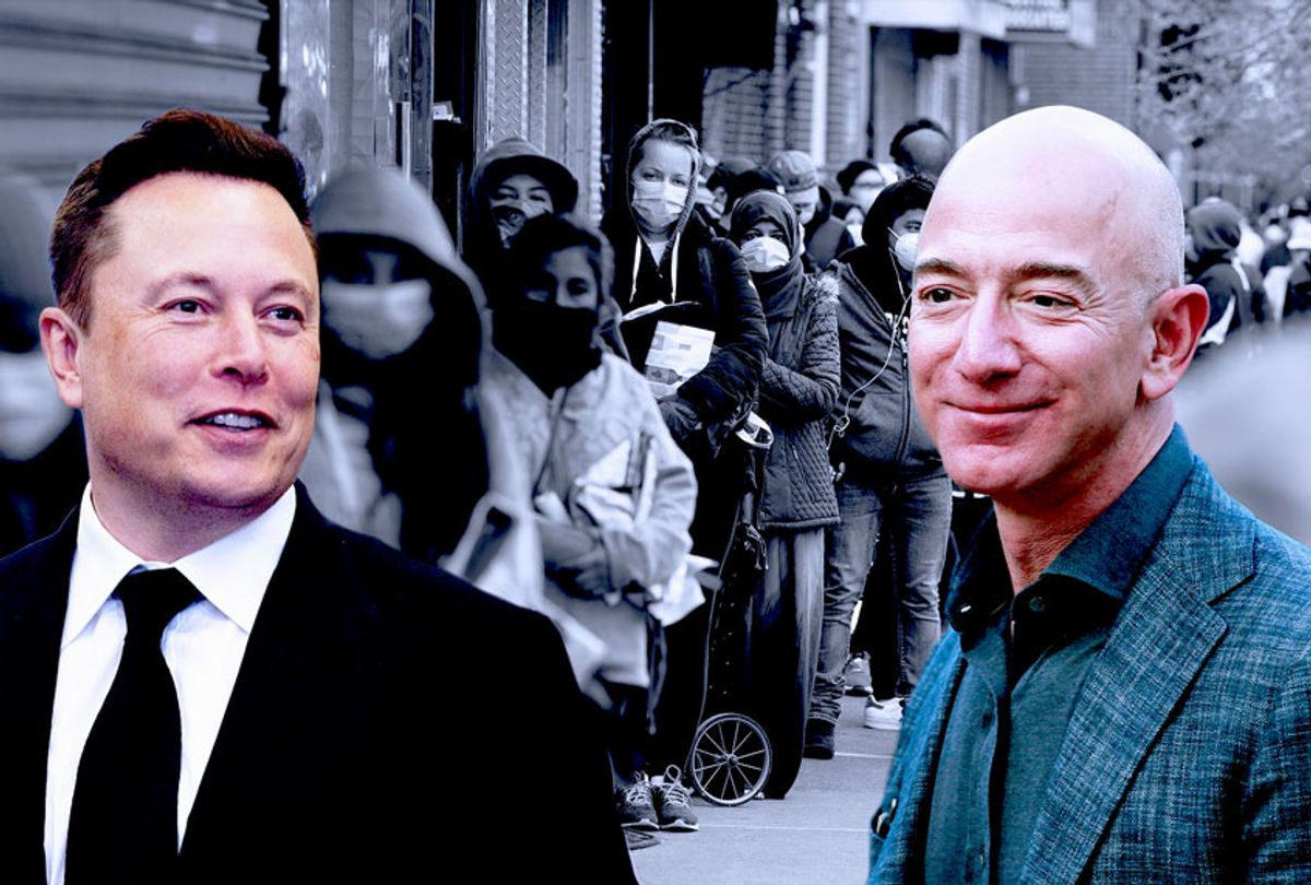 Some billionaires having a good time, and the common folk affected by the pandemic (Getty Images/Salon)