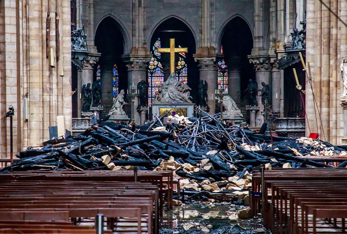 This general view shows debris inside the Notre-Dame-de Paris Cathedral in Paris on April 16, 2019, a day after a fire that devastated the building in the centre of the French capital. (CHRISTOPHE PETIT TESSON/AFP via Getty Images)