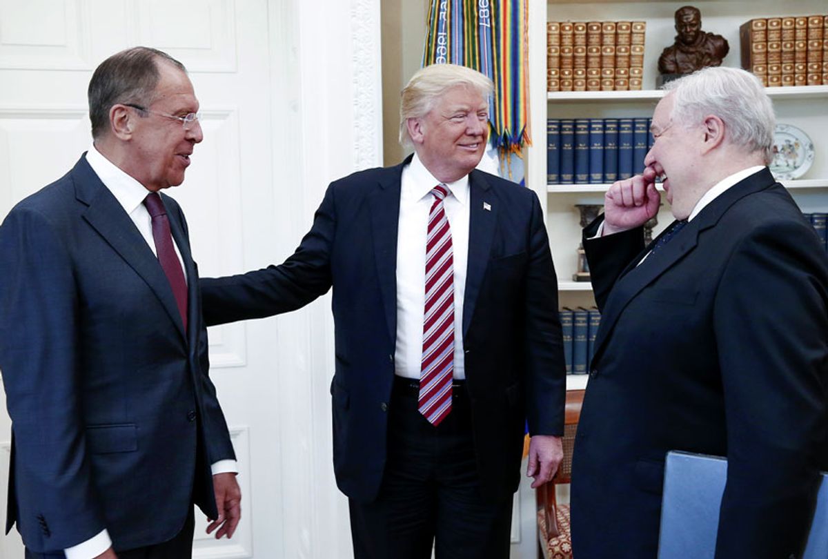 Russia's Foreign Minister Sergei Lavrov, US President Donald Trump, and Russian Ambassador to the United States Sergei Kislyak (L-R) talking during a meeting in the Oval Office at the White House. (Alexander Shcherbak\TASS via Getty Images)