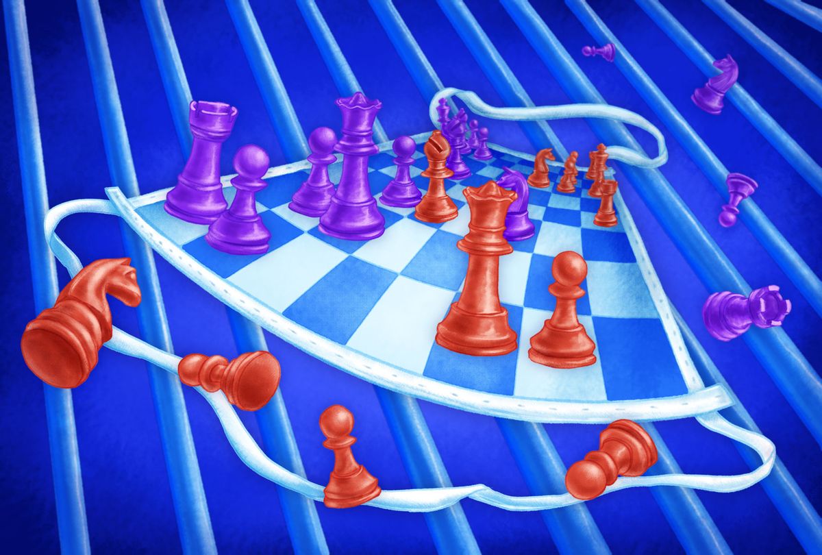 A face mask chessboard, and prison bars (Illustration by Ilana Lidagoster/Salon)