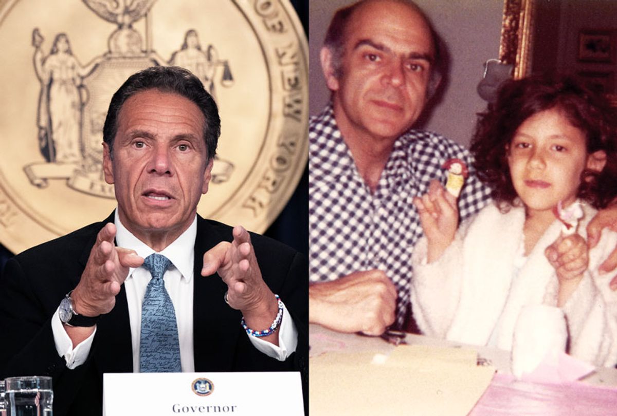New York Governor Andrew Cuomo gives his a press briefing about the coronavirus crisis on April 17, 2020 in Albany, New York | Photo of writer as a child with her father (Photo illustration by Salon/family photo courtesy of author/Getty Images)