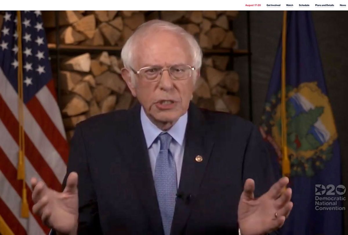 In this screenshot from the DNCC’s livestream of the 2020 Democratic National Convention, Sen. Bernie Sanders (I-VT) addresses the virtual convention on August 17, 2020. The convention, which was once expected to draw 50,000 people to Milwaukee, Wisconsin, is now taking place virtually due to the coronavirus pandemic. (Handout/DNCC via Getty Images)