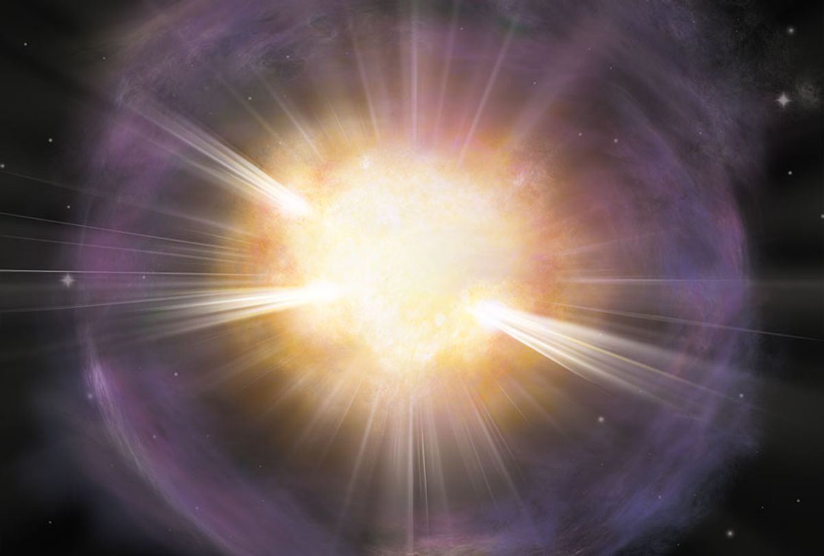 Artist’s interpretation of the calcium-rich supernova 2019ehk. Shown in orange is the calcium-rich material created in the explosion. Purple coloring represents gas shedded by the star right before the explosion, which then produced bright X-ray emission when the material collided with the supernova shockwave. (Aaron M. Geller, Northwestern University)