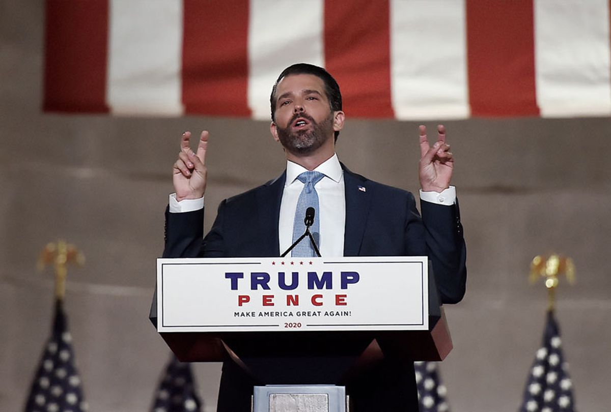 Donald Trump Jr. speaks during the first day of the Republican convention at the Mellon auditorium on August 24, 2020 in Washington, DC. (OLIVIER DOULIERY/AFP via Getty Images)