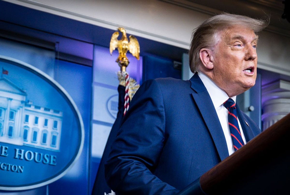 President Donald Trump announces that the Food and Drug Administration is issuing an emergency authorization for blood plasma as a coronavirus treatment during a press conference in James S. Brady Briefing Room at the White House on on August 23, 2020 in Washington, DC. The move by the FDA comes after President Trump accused the FDA of slow-walking the therapy to harm his reelection chances. (Pete Marovich/Getty Images)