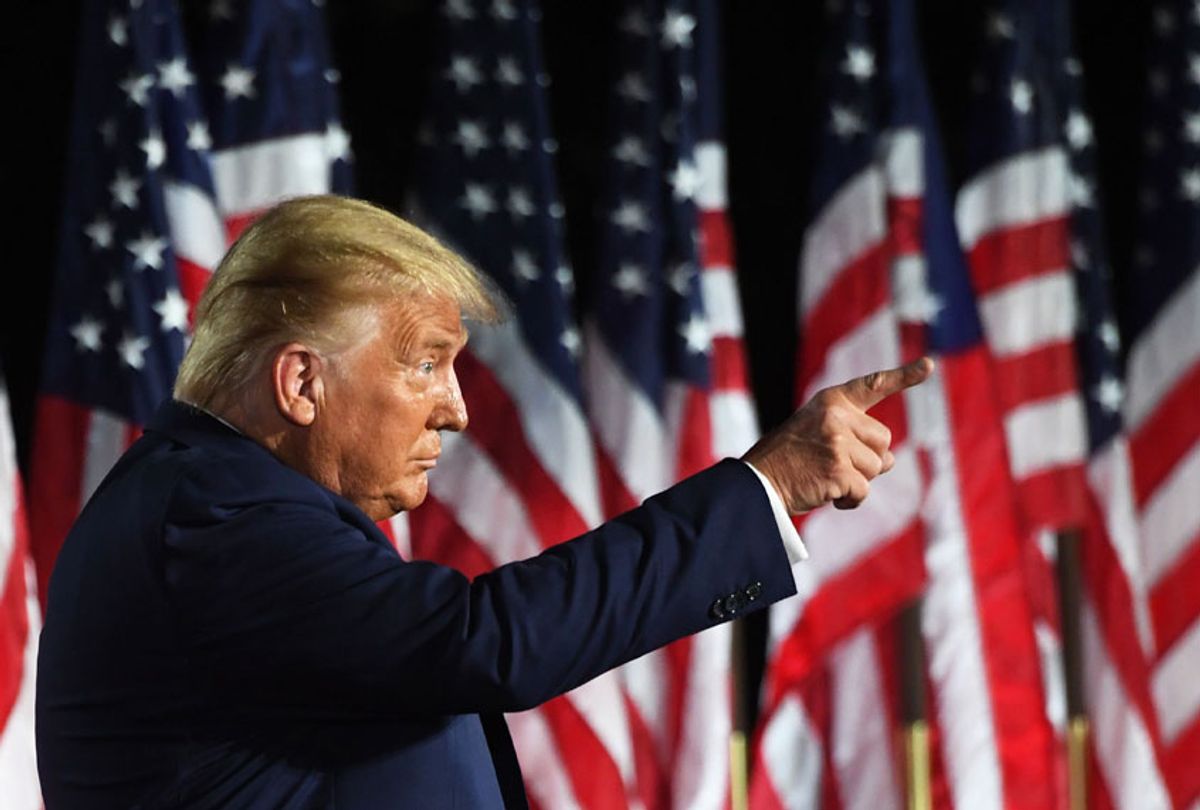 US President Donald Trump gestures at the conclusion of the the final day of the Republican National Convention from the South Lawn of the White House on August 27, 2020 in Washington, DC. (SAUL LOEB/AFP via Getty Images)