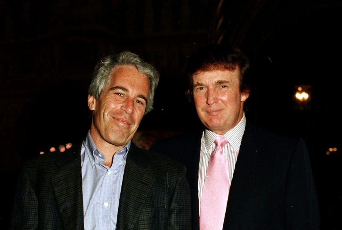 Portrait of American financier Jeffrey Epstein (left) and real estate developer Donald Trump as they pose together at the Mar-a-Lago estate, Palm Beach, Florida, 1997. (Davidoff Studios/Getty Images)