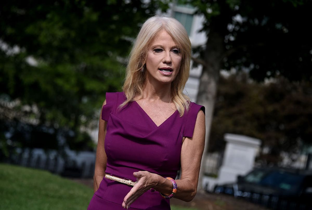 Counselor to the President, Kellyanne Conway, talks to reporters outside the White House, on August 6, 2020 in Washington, DC. (OLIVIER DOULIERY/AFP via Getty Images)