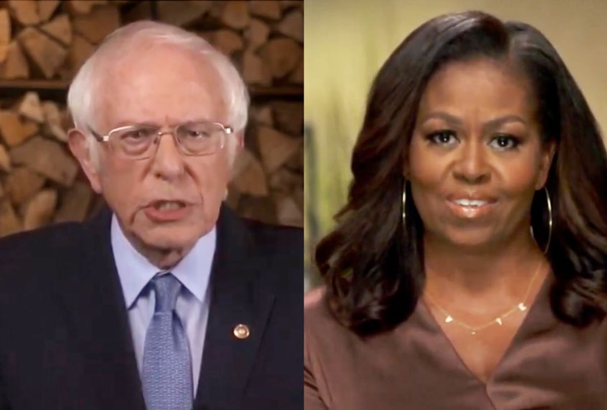 Bernie Sanders and Michelle Obama split screenshots from the DNCC’s livestream of the 2020 Democratic National Convention, (Photo illustration by Salon/Handout/DNCC via Getty Images)