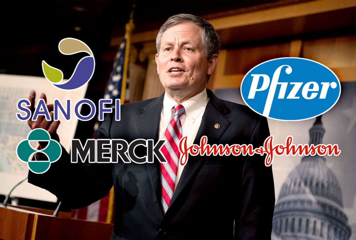 Sen Steve Daines with logos of Pfizer, Merck, Sanofi, Johnson & Johnson (Tom Williams/CQ-Roll Call, Inc via Getty Images/WikiCommons)