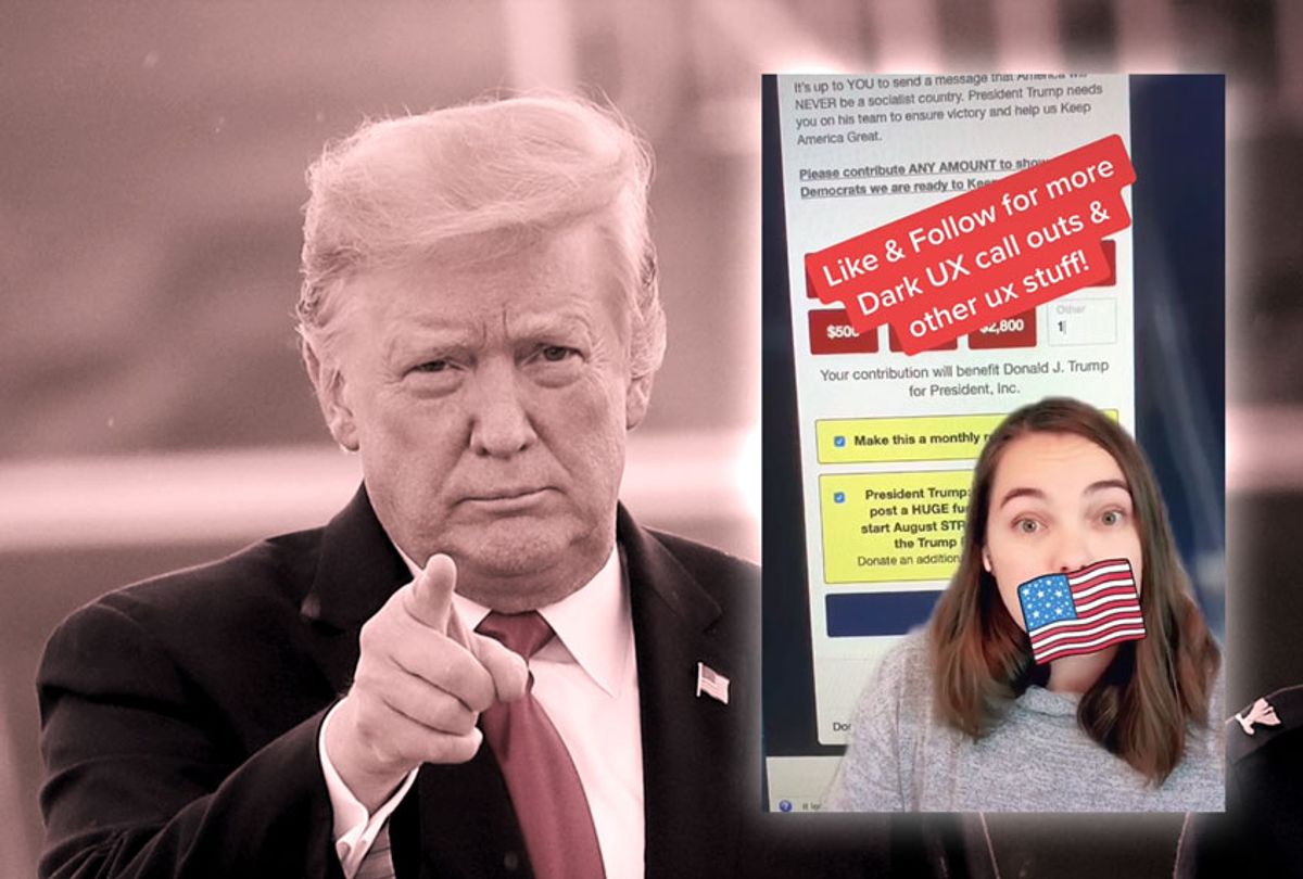 Donald Trump | Still from Mary Formanek's video highlighting the dark UX elements of Donald Trump's campaign website (Photo illustration by Salon/Getty Images/Tiktok/@uxwithmary)