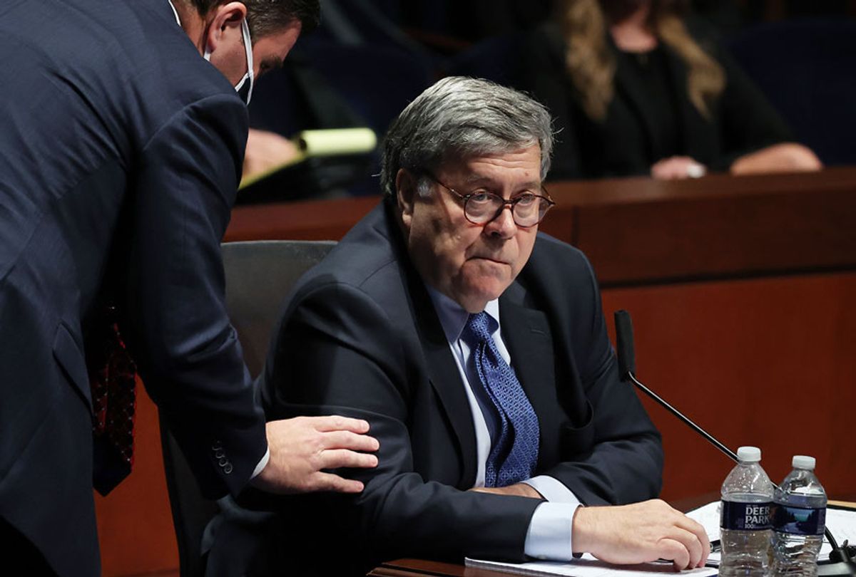 U.S. Attorney General William Barr hears from Assistant Attorney General for Legislative Affairs Stephen Boyd as Barr testifies before the House Judiciary Committee in the Congressional Auditorium at the U.S. Capitol Visitors Center July 28, 2020 in Washington, DC. (Chip Somodevilla/Getty Images)