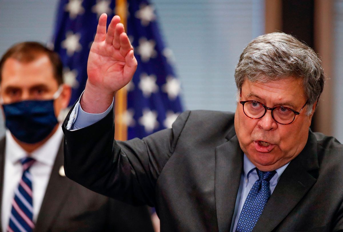 US Attorney General William Barr speaks on Operation Legend, the federal law enforcement operation, during a press conference in Chicago, Illinois, on September 9, 2020. (KAMIL KRZACZYNSKI/AFP via Getty Images)