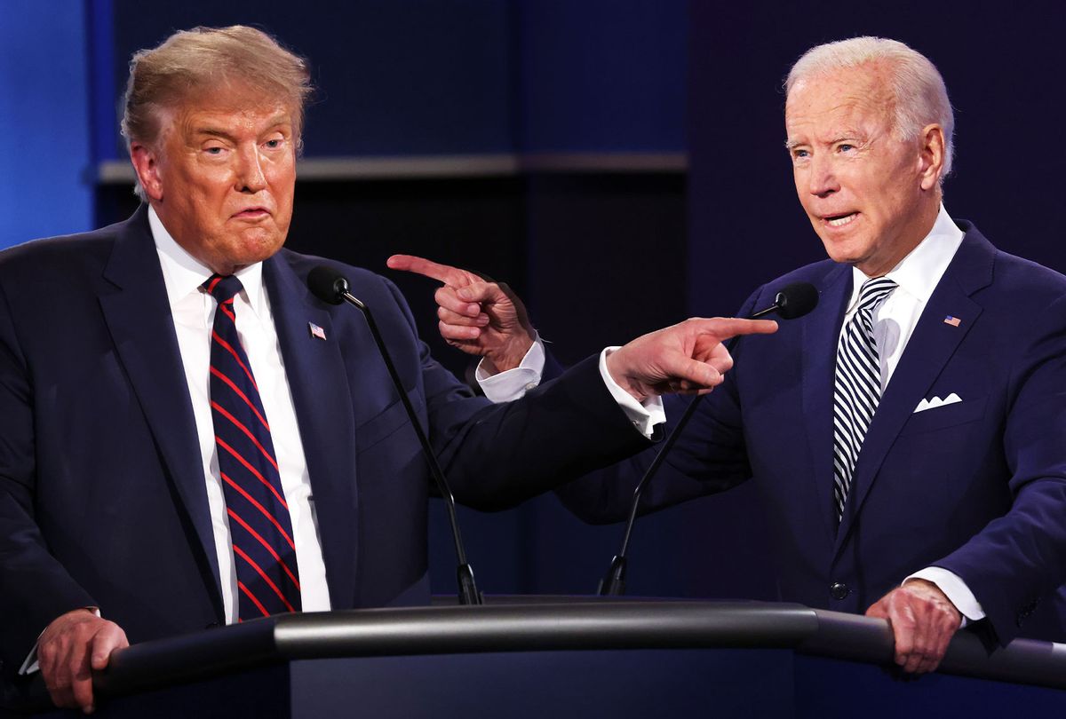 Donald Trump and Joe Biden, pointing fingers at the Presidential Debate (Photo illustration by Salon/Getty Images)