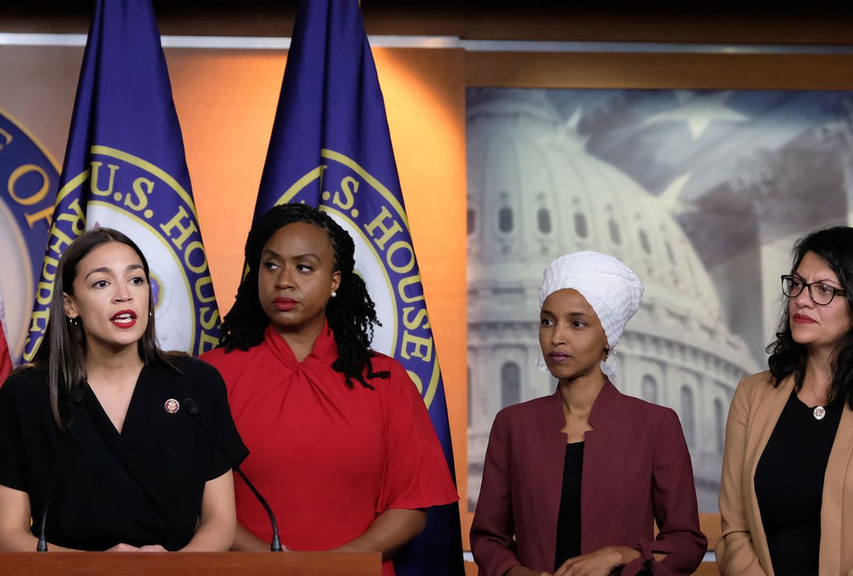 U.S. Rep. Alexandria Ocasio-Cortez (D-NY) speaks as Reps. Ayanna Pressley (D-MA), Ilhan Omar (D-MN), and Rashida Tlaib (D-MI) listen during a press conference at the US Capitol on July 15, 2019 in Washington, DC. President Donald Trump stepped up his attacks on four progressive Democratic congresswomen, saying if they're not happy in the United States "they can leave." (Alex Wroblewski/Getty Images)