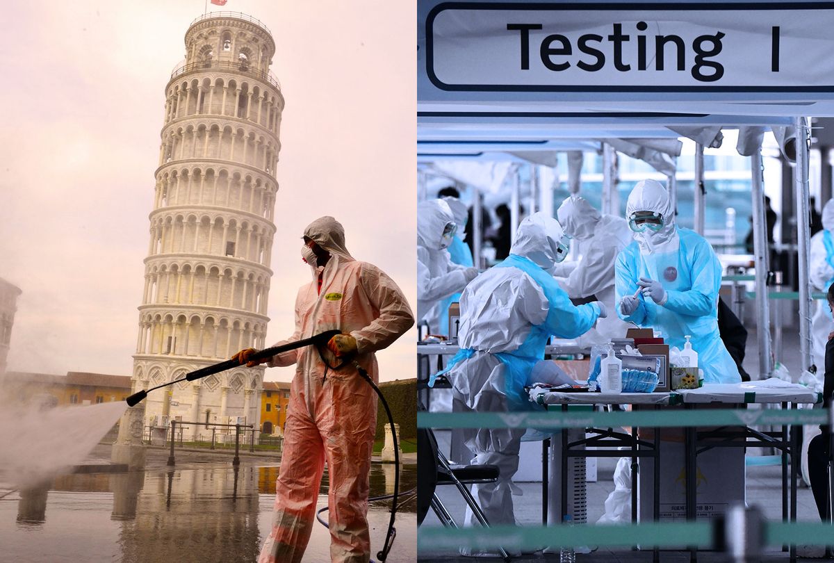 A worker carries out sanitation operations for the Coronavirus emergency in Piazza dei Miracoli near to the Tower of Pisa in a deserted town on March 17, 2020 in Pisa, Italy. | Medical staff wearing protective clothing take test samples for the COVID-19 coronavirus from a foreign passenger at a virus testing booth outside Incheon international airport, west of Seoul, on April 1, 2020. (Photo illustration by Salon/Getty Images)