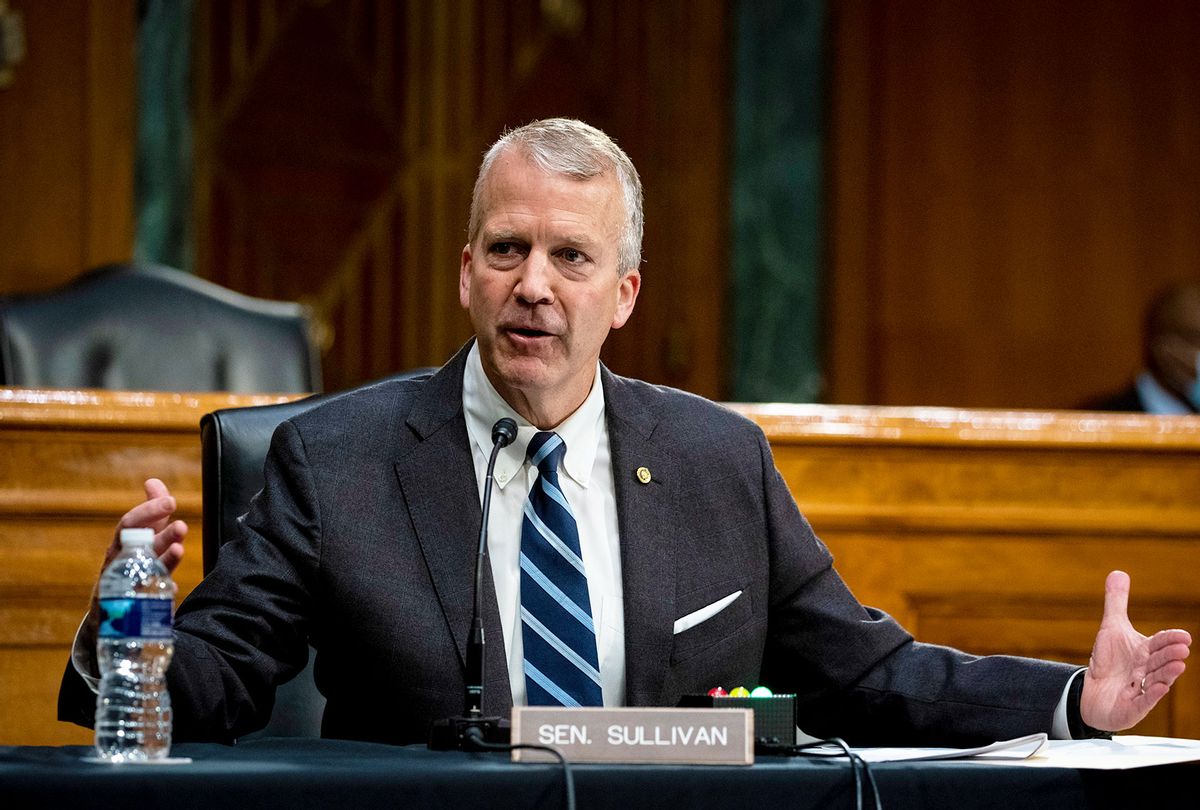 Senator Dan Sullivan, a Republican from Alaska, speaks during a Senate Environment and Public Works Committee hearing with Andrew Wheeler, administrator of the Environmental Protection Agency (EPA), not pictured, May 20, 2020 on Capitol Hill in Washington, D.C. EPA Administrator Andrew Wheeler will face questions as his agency faces legal challenges and criticism for easing enforcement during the COVID-19 pandemic and rolling back vehicle emissions rules. (Al Drago-Pool/Getty Images)