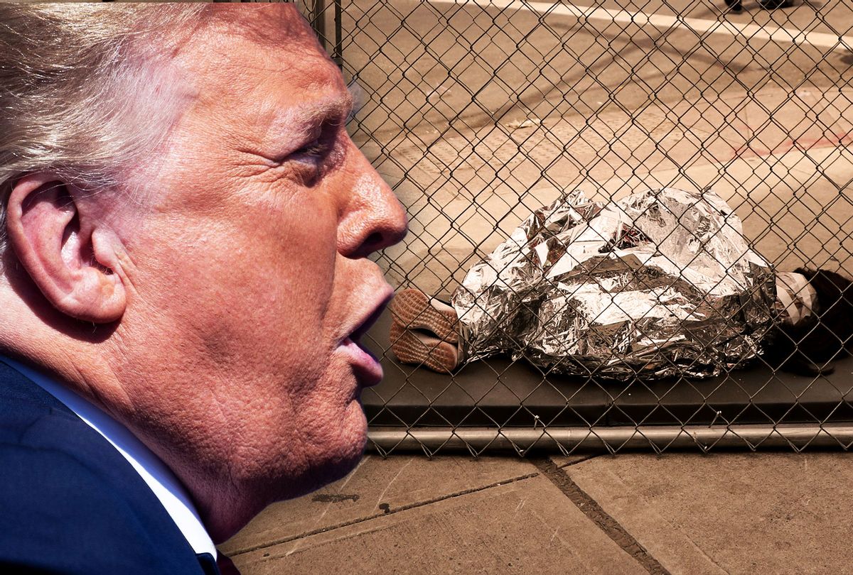 Donald Trump | A pop-up art installation depicting a small child curled up underneath foil survival blankets in chain-link cages on June 12, 2019 in New York City, representing migrant children in U.S. Border Patrol custody. (Photo illustration by Salon/Getty Images)