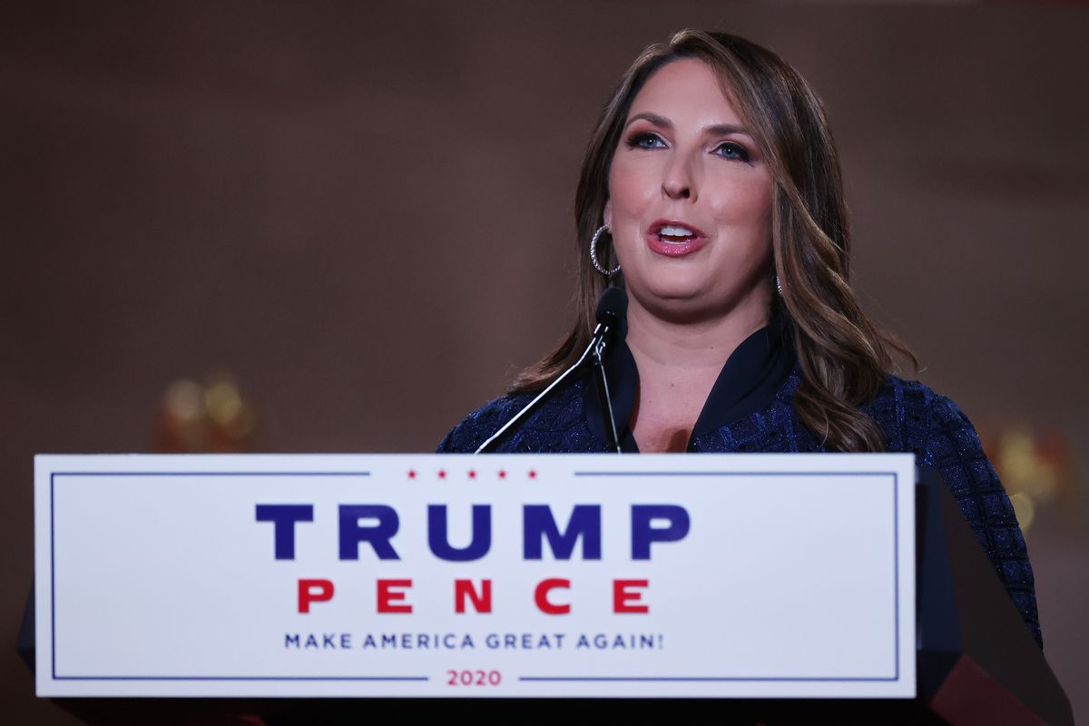 WASHINGTON, DC - AUGUST 24: Chair of the Republican National Committee Ronna McDaniel stands on stage in an empty Mellon Auditorium while addressing the Republican National Convention at the Mellon Auditorium on August 24, 2020 in Washington, DC.  (Photo by Chip Somodevilla/Getty Images)