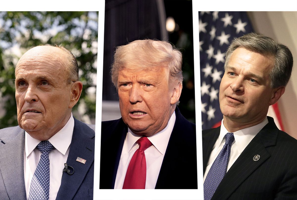 Rudy Giuliani, Donald Trump and Christopher Wray (Photo illustration by Salon/Getty Images)