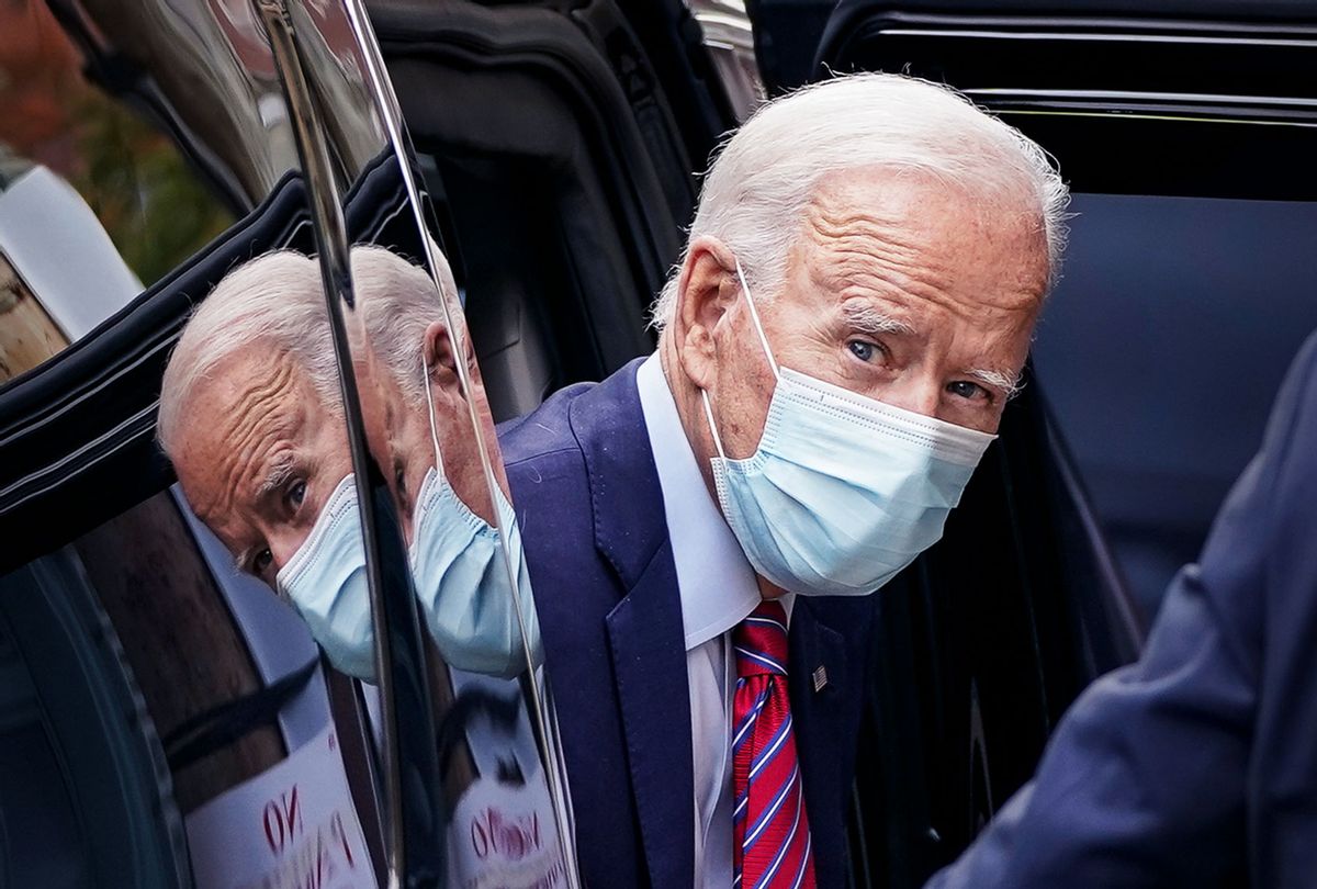 Democratic presidential nominee Joe Biden arrives at The Queen theater on October 19, 2020 in Wilmington, Delaware. According to the campaign, Biden is recording an interview with CBS 60 Minutes that will air Sunday evening. (Drew Angerer/Getty Images)