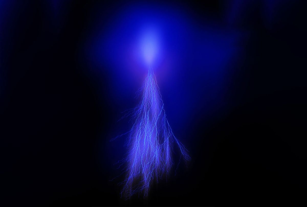 This illustration shows the lightning phenomenon known as a sprite and what a sprite could look like in Jupiter's atmosphere. Named after a mischievous, quick-witted character in English folklore, sprites last for only a few milliseconds. They feature a central blob of light with long tendrils of light extending down toward the ground and upward. (NASA/JPL-Caltech/SwRI)
