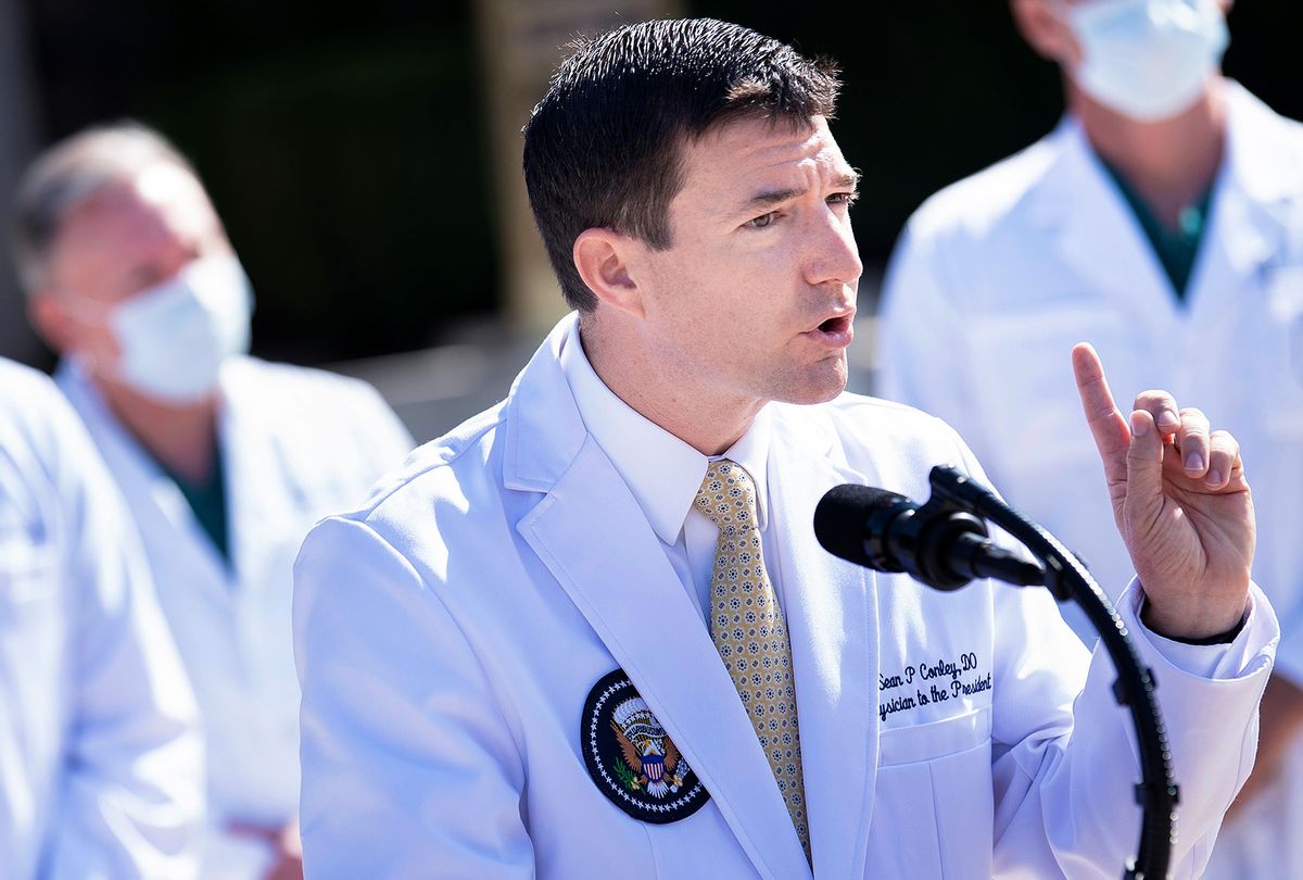 Sean Conley, Physician to US President Donald Trump, gives an update on the President's health as he is treated for a COVID-19 infection at Walter Reed Medical Center October 4, 2020, in Bethesda, Maryland. (BRENDAN SMIALOWSKI/AFP via Getty Images)