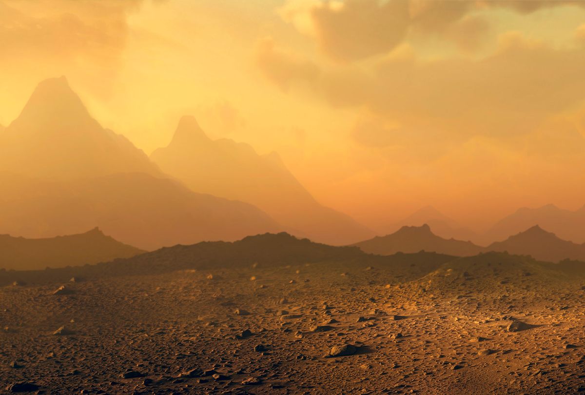 Computer illustration of a view across the rocky surface of the planet Venus, showing clouds of sulphuric acid obscuring the Sun. (Getty Images)