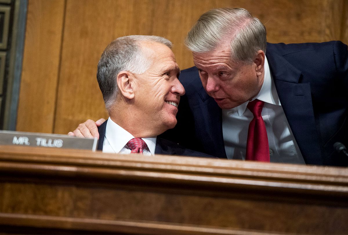 Sens. Thom Tillis, R-N.C., left, and Lindsey Graham, R-S.C., attend a Senate Judiciary Committee hearing titled "Special Counsels and the Separation of Powers," on September 26, 2017. (Tom Williams/CQ Roll Call)