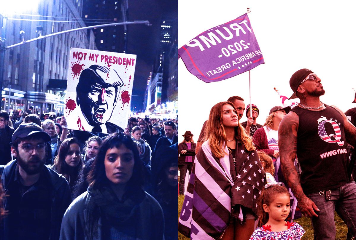 Thousands of New Yorkers shocked and angered by Donald Trump's presidential victory march through the streets of midtown to Trump Tower shouting "Not My President" and causing massive gridlock on November 9, 2016 in New York City. | QAnon supporters attend a Trump rally hosted by Long Island and New York City police unions in support of the police on October 4, 2020 in Suffolk County, New York. (Photo illustration by Salon/Getty Images)