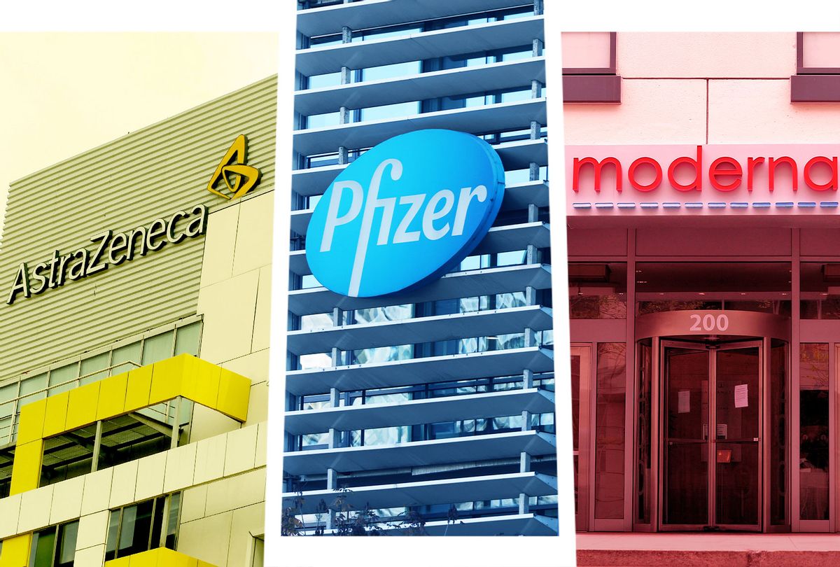 AstraZeneca, Pfizer and Moderna headquarter buildings (Photo illustration by Salon/Getty Images)