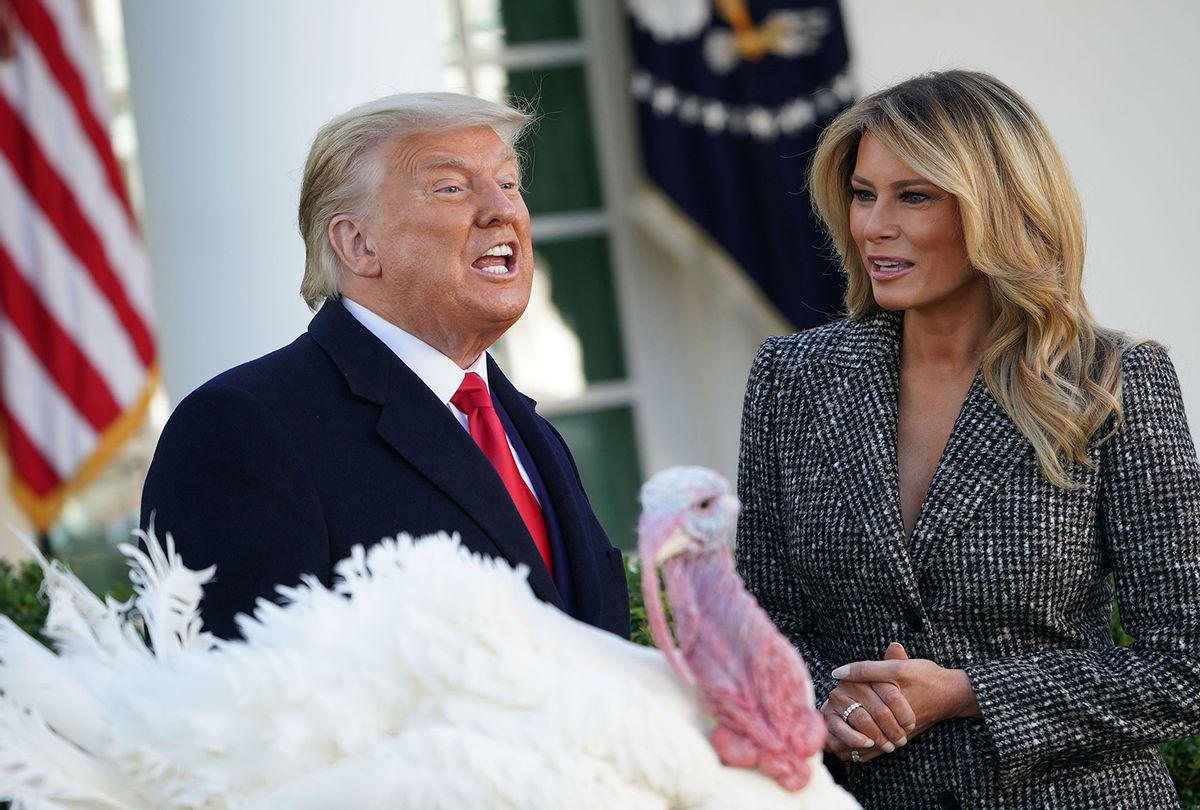 US President Donald Trump speaks after pardoning Thanksgiving turkey "Corn" as First Lady Melania Trump watches in the Rose Garden of the White House in Washington, DC on November 24, 2020. (MANDEL NGAN/AFP via Getty Images)