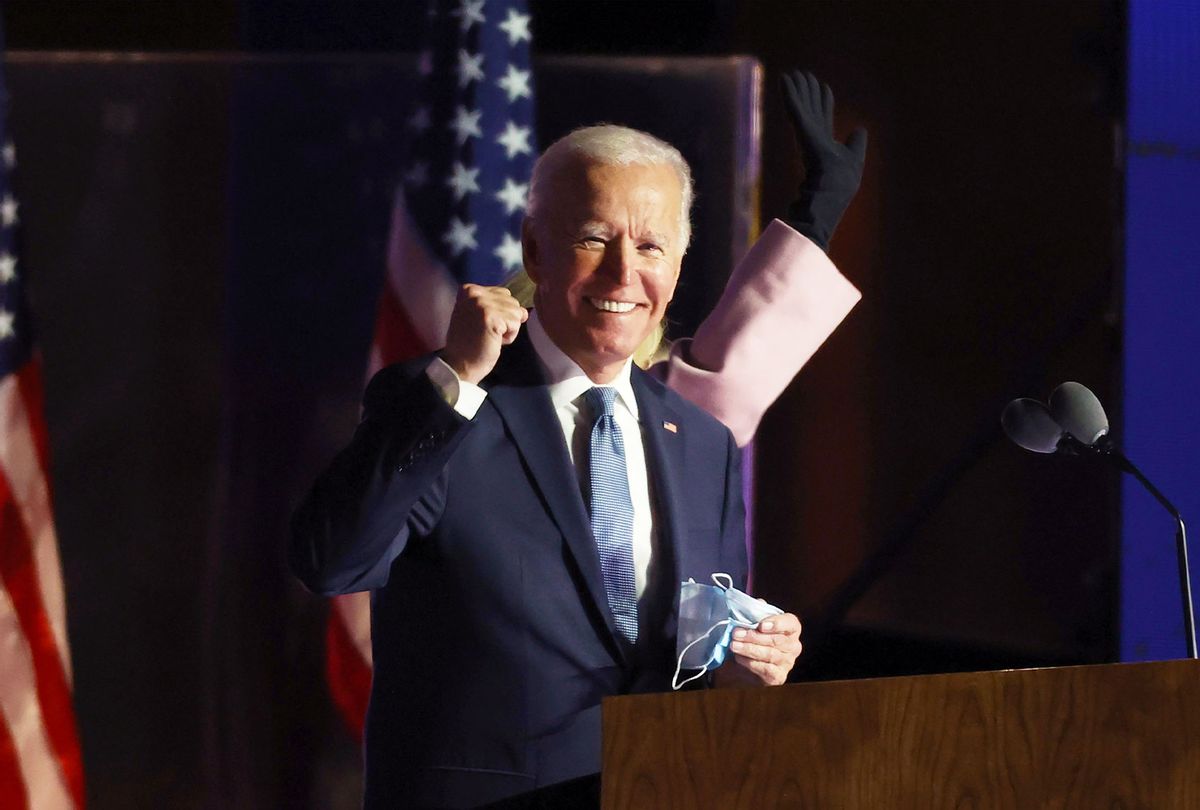 Democratic presidential nominee Joe Biden speaks at a drive-in election night event at the Chase Center in the early morning hours of November 04, 2020 in Wilmington, Delaware. (Tasos Katopodis/Getty Images)