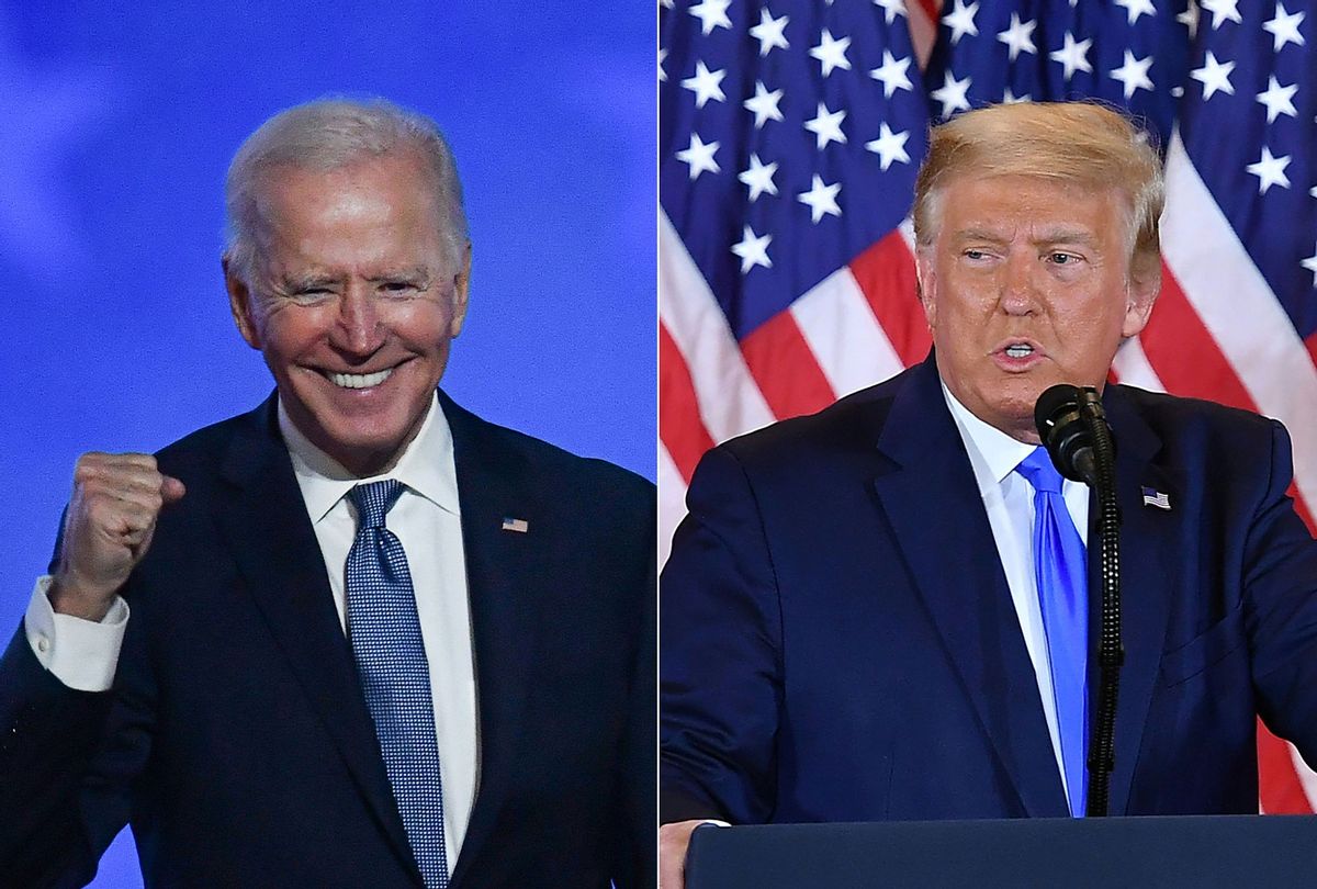 This combination of pictures created on November 4, 2020 shows Democratic presidential nominee Joe Biden gestures after speaking during election night at the Chase Center in Wilmington, Delaware, and US President Donald Trump speaks during election night in the East Room of the White House in Washington, DC, early on November 4, 2020. (ANGELA WEISS,MANDEL NGAN/AFP via Getty Images)