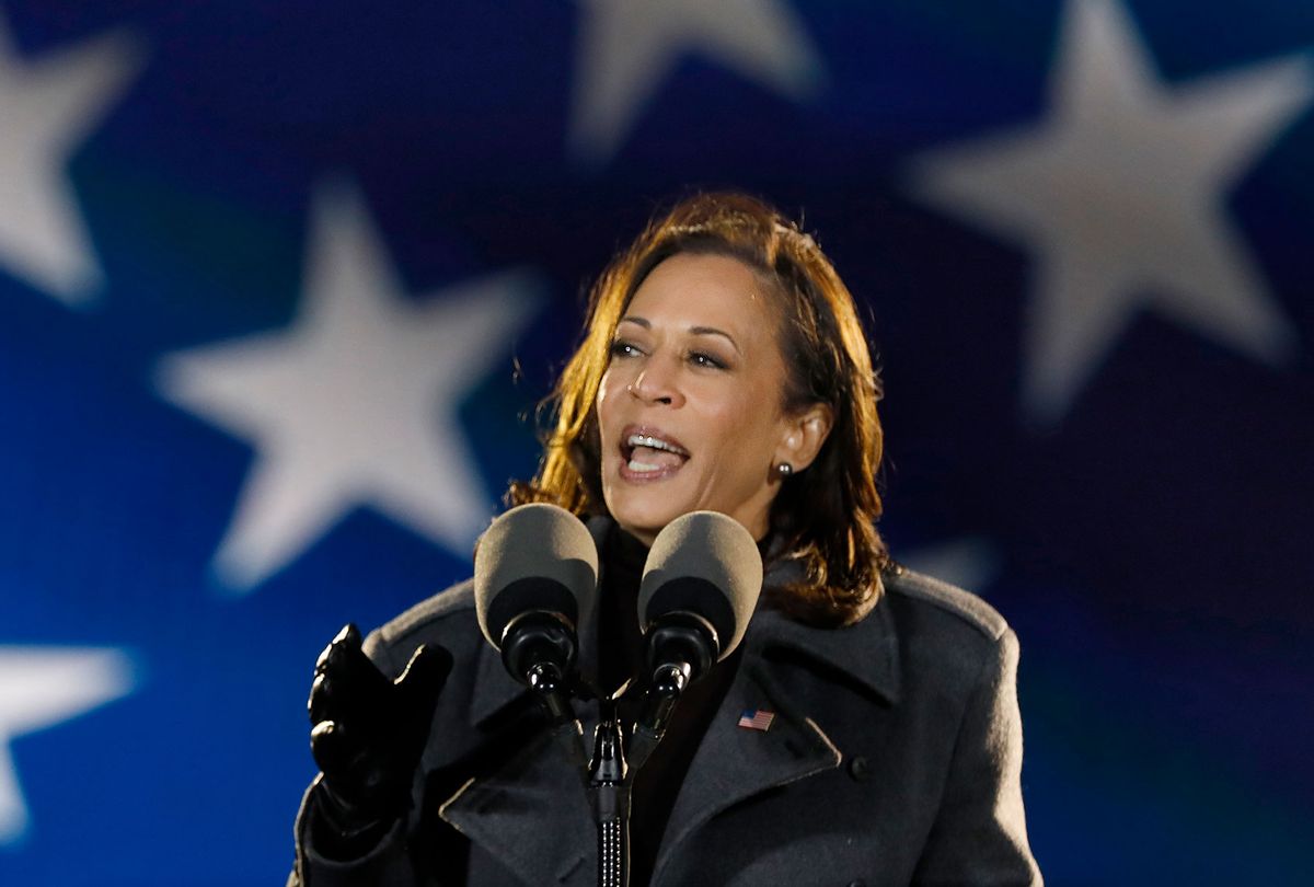 Kamala Harris addresses supporters at the drive- rally Monday night, Nov.2, 2020 at Citizens Bank Park parking lot in Philadelphia, Pennsylvania. (Carolyn Cole / Los Angeles Times via Getty Images)
