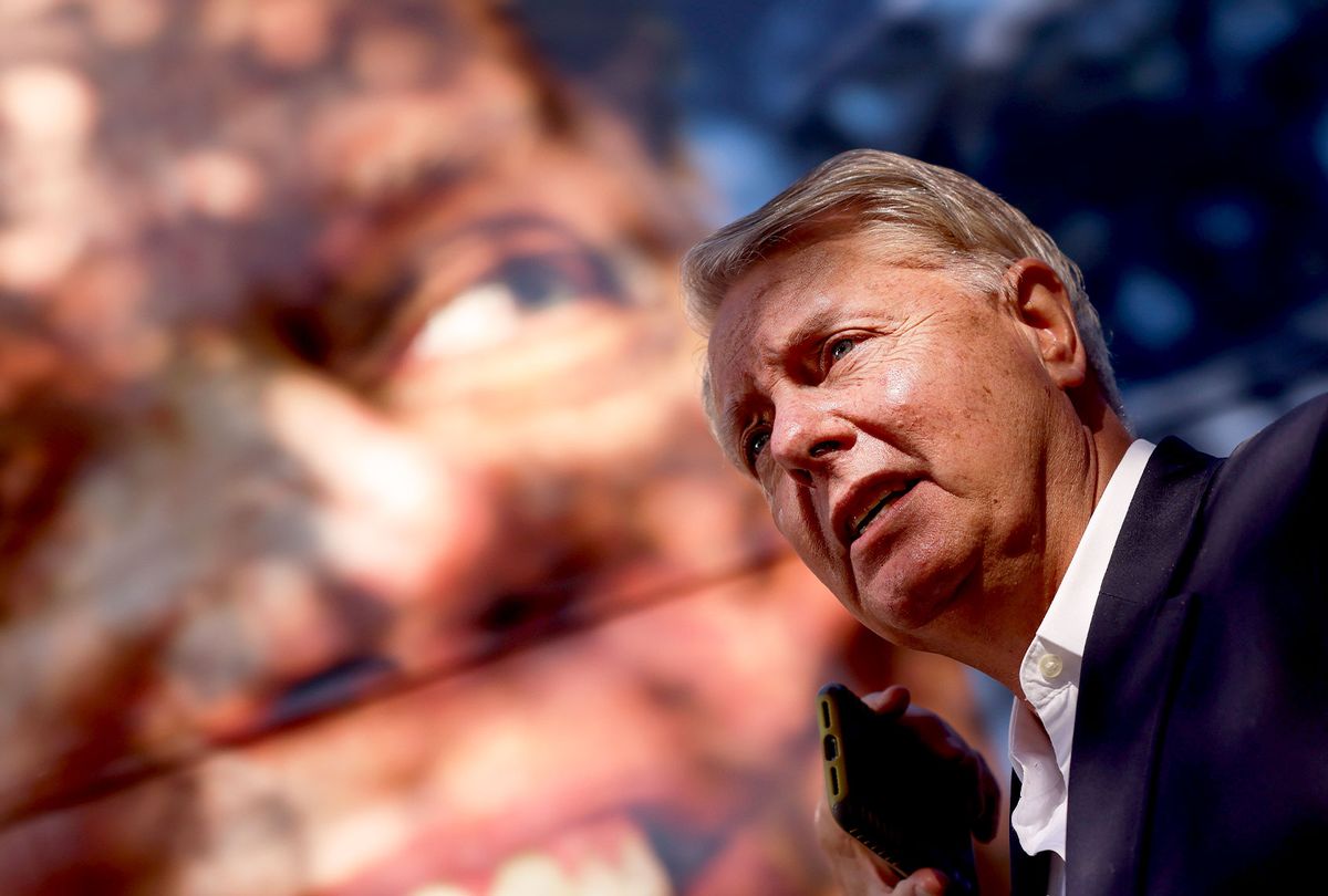 Incumbent candidate Sen. Lindsey Graham (R-SC) speaks to the media during a campaign bus tour on November 2, 2020 in Rock Hill, South Carolina. (Michael Ciaglo/Getty Images)