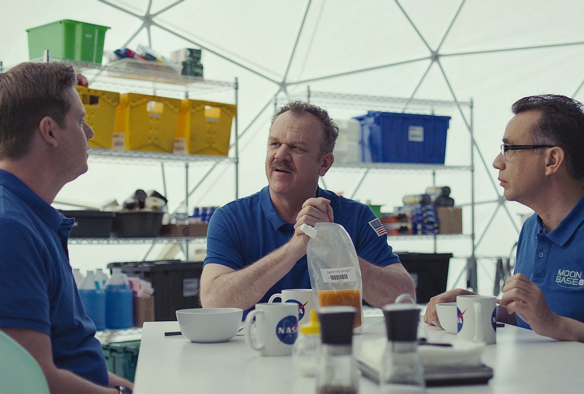 Tim Heidecker as Rook, John C. Reilly as Cap and Fred Armisen as Skip in MOONBASE 8 "Rats". (Courtesy of A24/SHOWTIME)