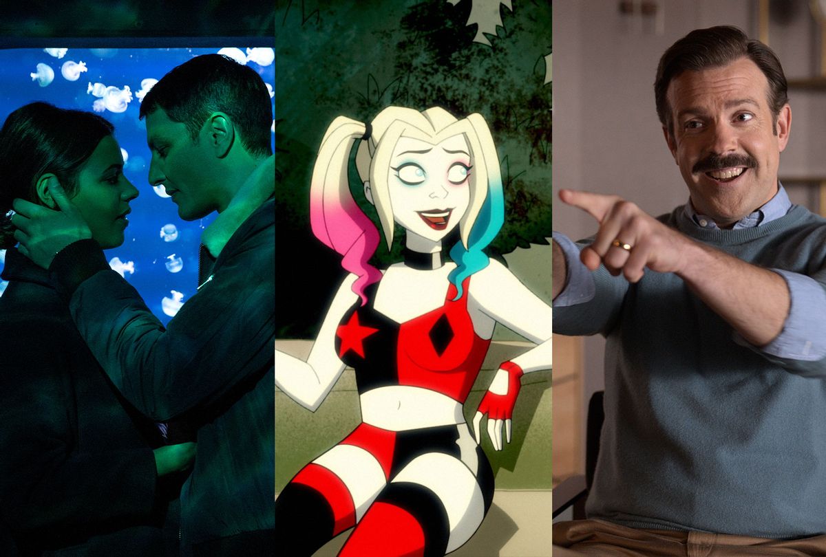 Zita Hanrot and Marc Ruchmann in "The Hookup Plan," "Harley Quinn," and Jason Sudeikis in "Ted Lasso"  (Netflix/DC Universe/Apple TV+)