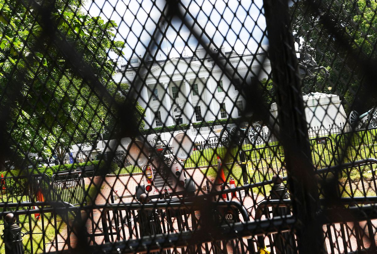 The White House is seen through several layers of recently erected security fencing and barricades from the north side of Lafayette Square in Washington, DC, on June 5 2020, amid ongoing demonstrations over the death of George Floyd in police custody. (MANDEL NGAN/AFP via Getty Images)