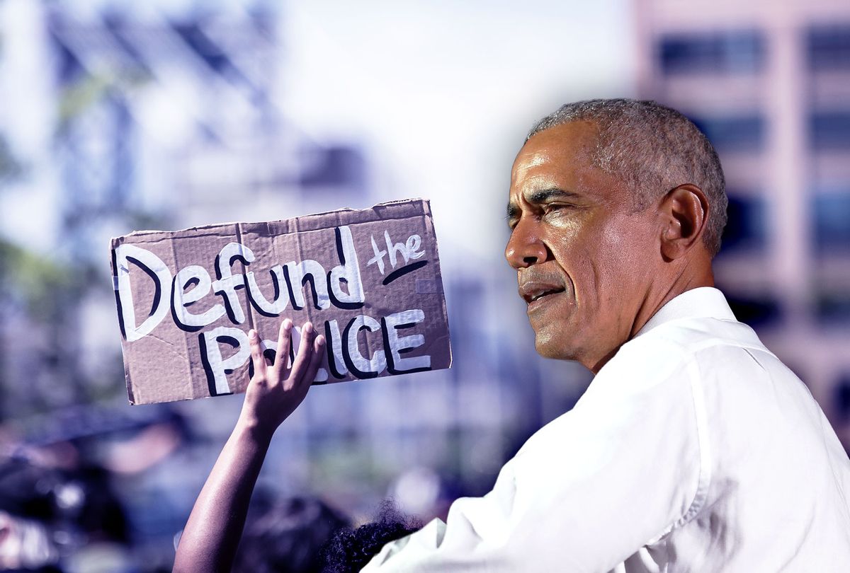 Barack Obama | Defund The Police sign (Photo illustration by Salon/Getty Images)