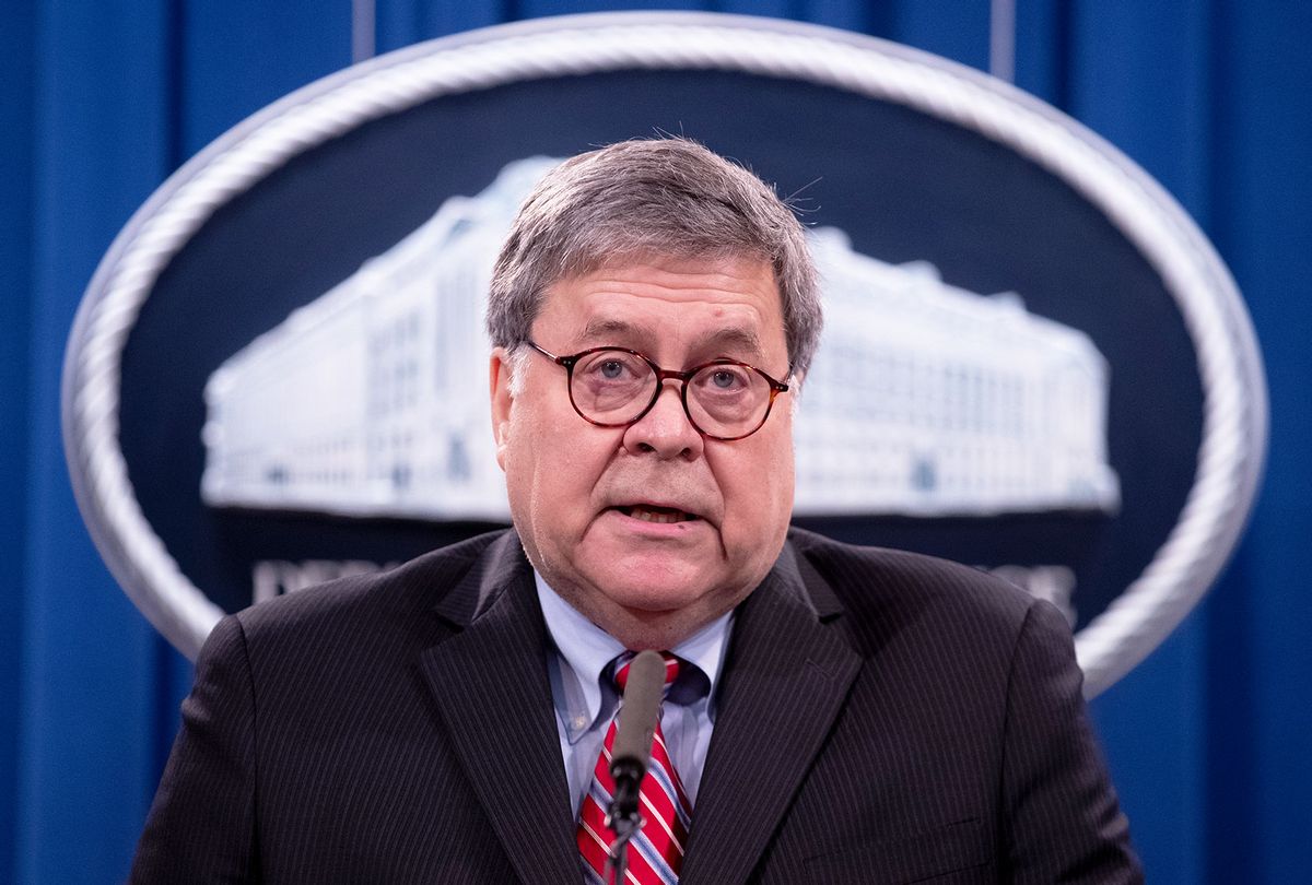US Attorney General Bill Barr holds a news conference to provide an update on the investigation of the terrorist bombing of Pan Am flight 103 on the 32nd anniversary of the attack, at the Department of Justice December 21, 2020 in Washington, DC. (Michael Reynolds-Pool/Getty Images)