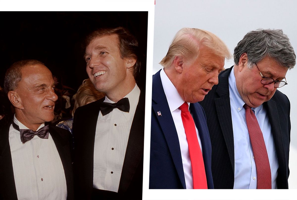 Roy Cohn and Donald Trump attend the Trump Tower opening in October 1983 at The Trump Tower in New York City. | US President Donald Trump and US Attorney General William Barr step off Air Force One upon arrival at Andrews Air Force Base in Maryland on September 1, 2020. (Photo illustration by Salon/Getty Images)