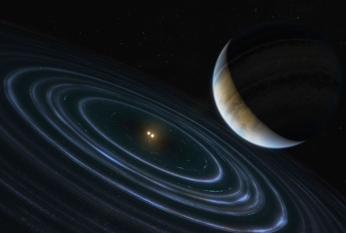 The 11-Jupiter-mass exoplanet called HD 106906 b, shown in this artist's illustration, occupies an unlikely orbit around a double star 336 light-years away. It may be offering clues to something that might be much closer to home: a hypothesized distant member of our solar system dubbed "Planet Nine." This is the first time that astronomers have been able to measure the motion of a massive Jupiter-like planet that is orbiting very far away from its host stars and visible debris disk. ( NASA/M. Kornmesser/ESA/Hubble)