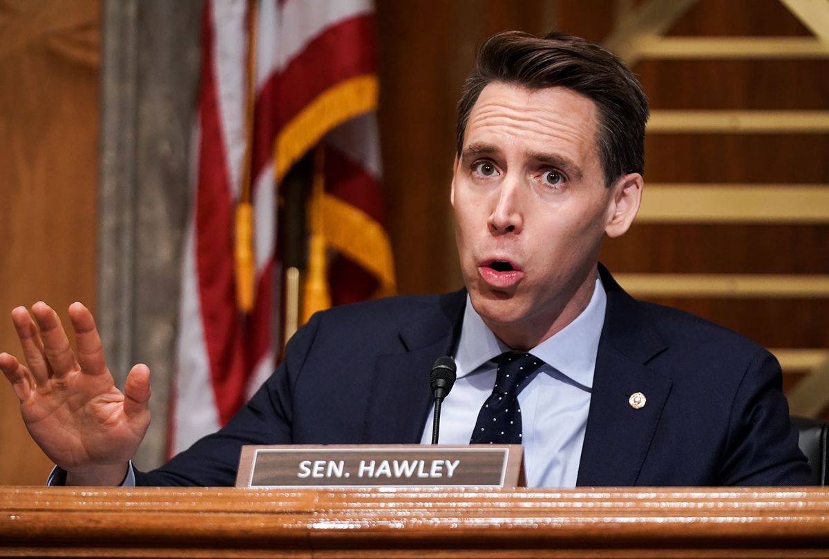 Sen. Josh Hawley (R-MO) asks questions during a Senate Homeland Security and Governmental Affairs Committee hearing to discuss election security and the 2020 election process on December 16, 2020 in Washington, DC. U.S. President Donald Trump continues to push baseless claims of voter fraud during the presidential election, which Chris Krebs called the most secure in American history. (Greg Nash-Pool/Getty Images)