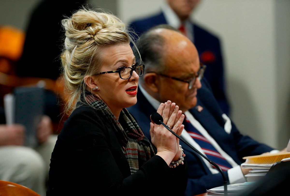 Melissa Carone, who was working for Dominion Voting Services, speaks in front of the Michigan House Oversight Committee in Lansing, Michigan on December 2, 2020. - The president's attorneys, led by Rudy Giuliani, have made numerous allegations of election fraud. (JEFF KOWALSKY/AFP via Getty Images)