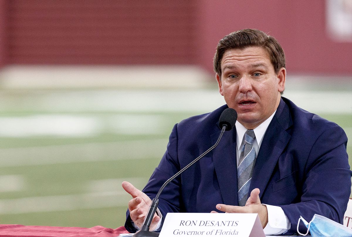 Florida Gov. Ron DeSantis speaks during a collegiate athletics roundtable about fall sports at the Albert J. Dunlap Athletic Training Facility on the campus of Florida State University on August 11, 2020 in Tallahassee, Florida. (Don Juan Moore/Getty Images)