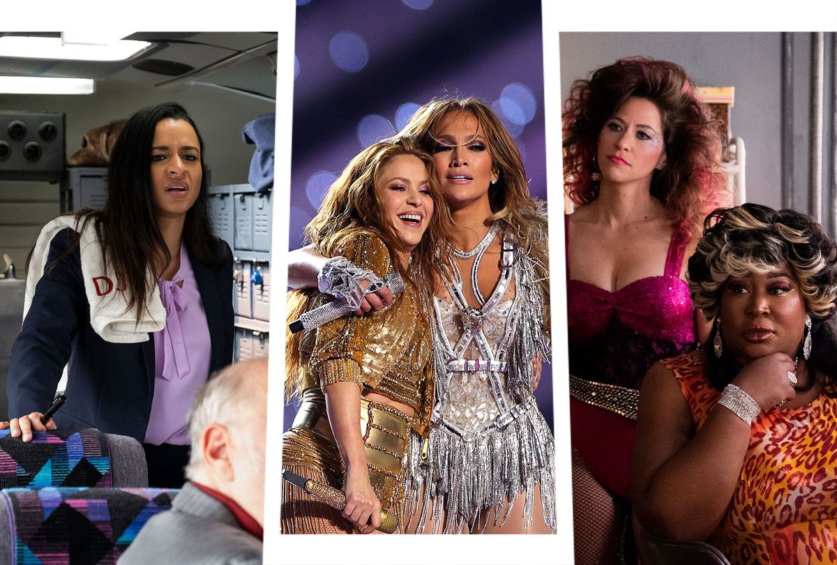 Sarah Cooper in "Everything's Fine" | J. Lo and Shakira | Jackie Tohn and Kia Stevens in "Glow" (Photo illustration by Salon/Getty Images/Netflix)
