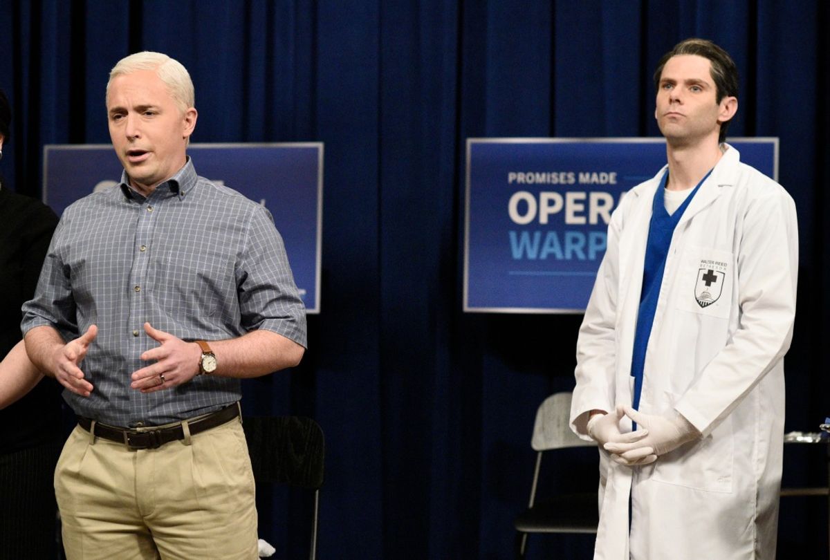 Beck Bennett as Mike Pence, and Mikey Day as a healthcare worker during the "Pence Gets The Vaccine" cold open on "Saturday Night Live" (Will Heath/NBC)