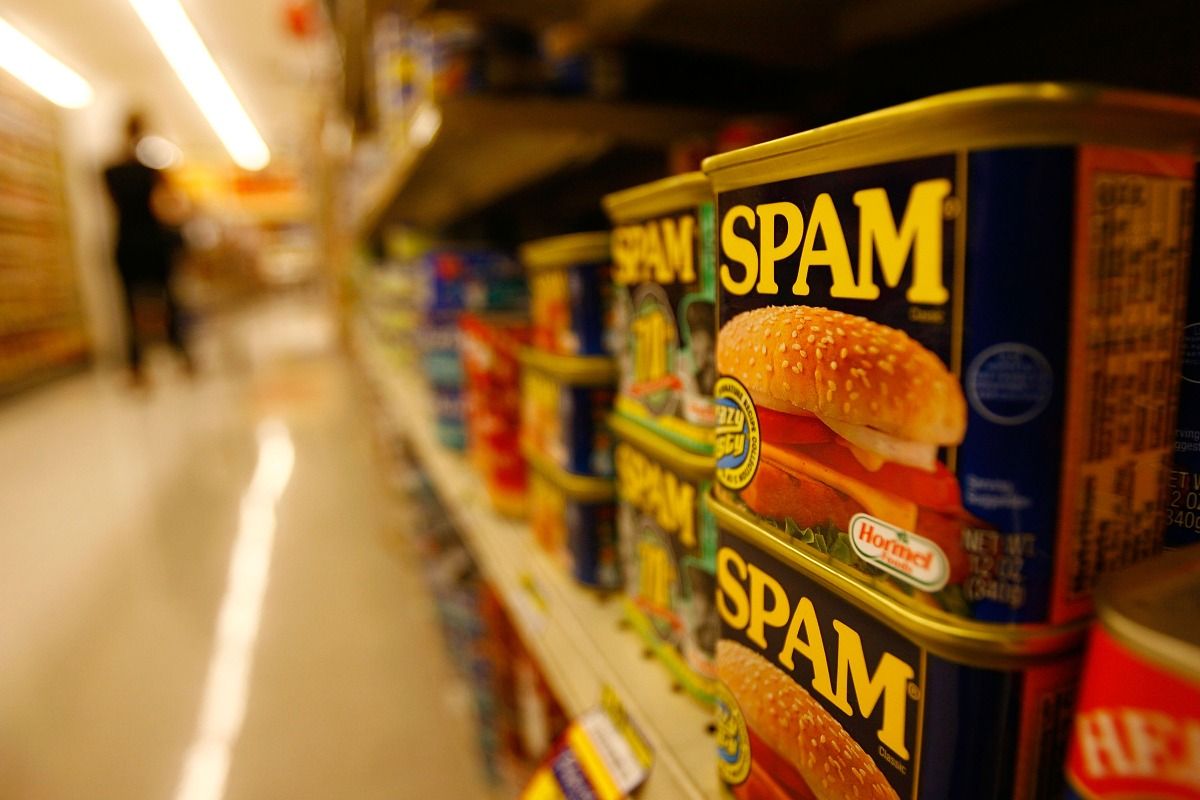 SIERRA MADRE, CA: Spam, the often-maligned classic canned lunch meat made by Hormel Foods, is seen on a grocery store shelf May 29, 2008, in Sierra Madre, Calif. Spam was created in 1937 and was popularized as a staple food for World War II Western allied forces.  (Photo by David McNew/Getty Images)